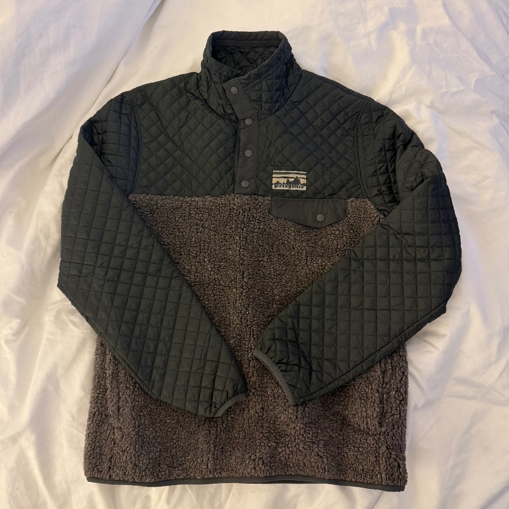 Patagonia Mixed Media Snap-T Large Pullover Quilted Black Grey Jacket XS